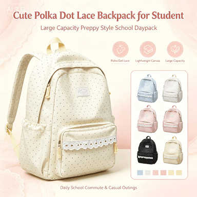 Cute Polka Dot Lace Backpack for Student, Large Capacity Preppy Style School Daypack, Lightweight Canvas Student Backpack for Daily School Commute