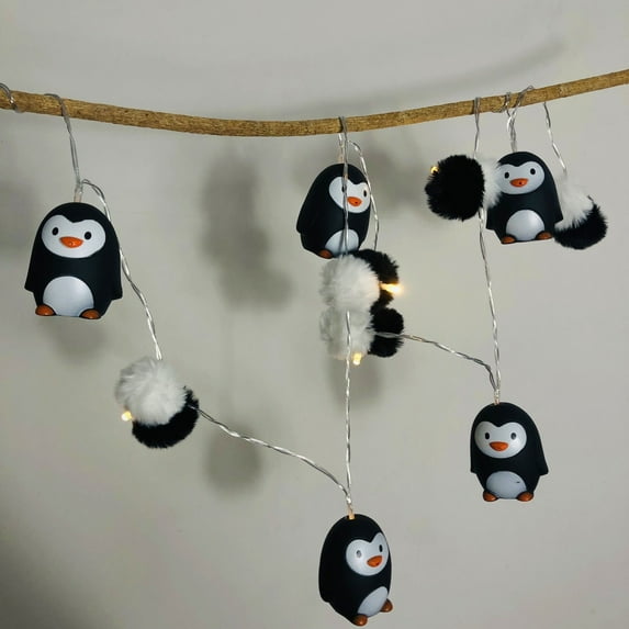 Cute Pom Poms Black Penguin String Lights Battery Powered Penguin Light Pompoms Fairy Lights for Halloween Christmas Bedroom Decor
