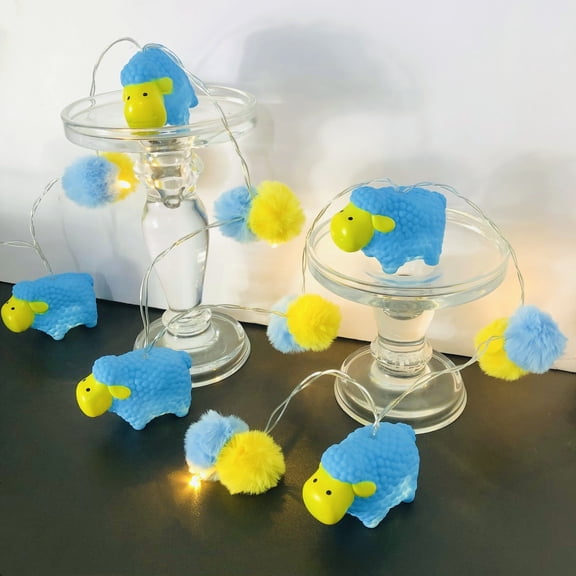 Cute Pom Poms LED Sheep String Lights Battery Powered Blue Sheep Decor Light for Birthday Slaughter Farmhouse Christmas Tree