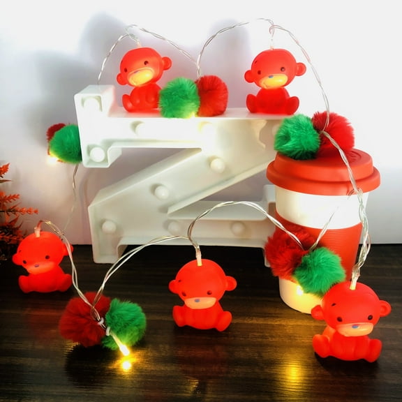 Cute Pom Poms Monkey Night Mood Light Battery Operated 5.4FT 10LEDs String Light for Boys Girls Bedroom Wedding Party Decoration