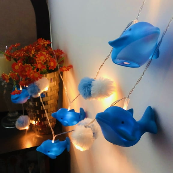 Cute Pom Poms Night Mood Light Battery Operated 5.4FT 10LEDs Bottlenose Dolphin String Fairy Light for Boys Girls Bedroom Christmas Party Decoration