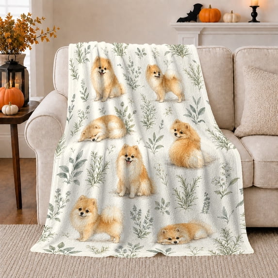 Cute Pomeranian Pumpkin Botanical Art Autumn, Playful Pet Portrait Pattern, Warm Flannel Blanket for Living Room and Bedroom, Dog Lovers Thanksgiving Gift, Pet Lover Home Decor