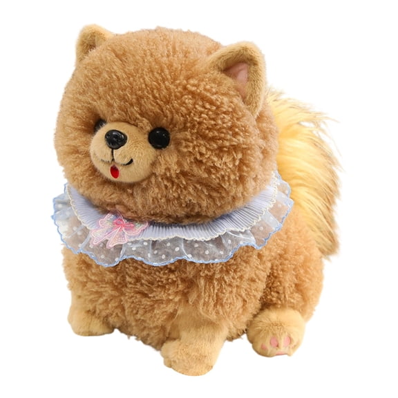 Cute Pomeranian Puppy Plush Stuffed Animal Soft Fluffy Dog Toy with Lace Scarf Bib Decorative Companion Plush Pet Cuddly Toy for Home Decor Birthday Gifts Kids Adults