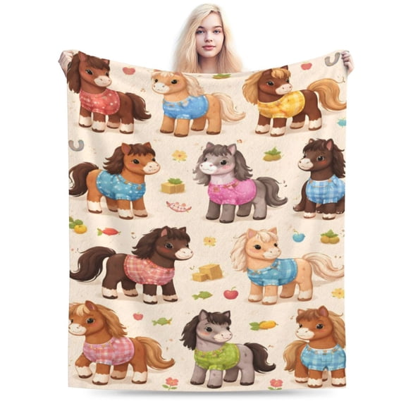 Cute Pony Farm Blanket Cartoon Pony Throw Blanket Soft Cozy Flannel Animal Blanket for Kids Nursery Bedroom Decor 50x40