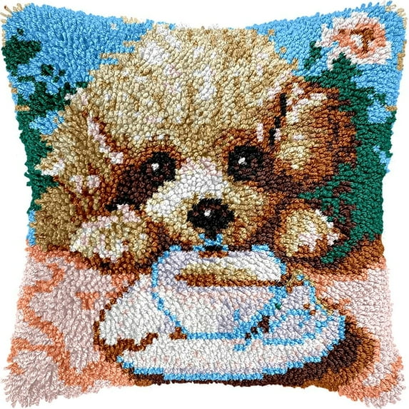 Cute Poodle Dog Latch Hook Pillow Kits Pillow Cover Latch Hook Crafts Crochet Knitted Hooking Pillowcase Cushion Crafts Embroidery Latch Hooking Kits Material Set 17x17 inch(14)