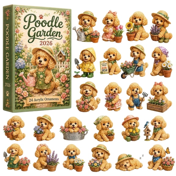 Cute Poodle Gardening Themed Acrylic Ornaments, 2026 Series Set of 24 Decor for Home and Holiday Display