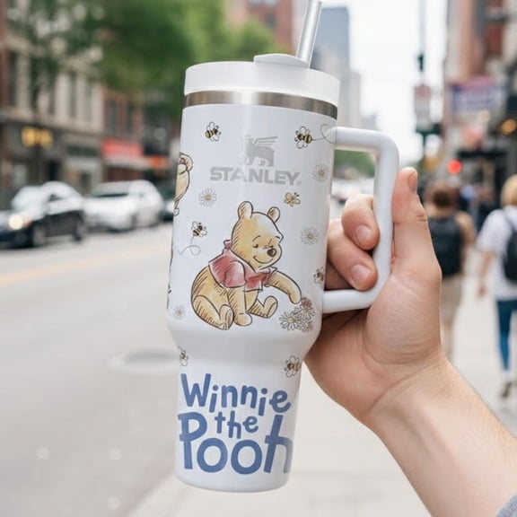Cute Pooh Bear 40oz Tumbler with Handle, Cartoon Bear Stainless Steel Insulated Travel Mug with Straw, Large Coffee & Water Cup Gift for Cartoon Lovers