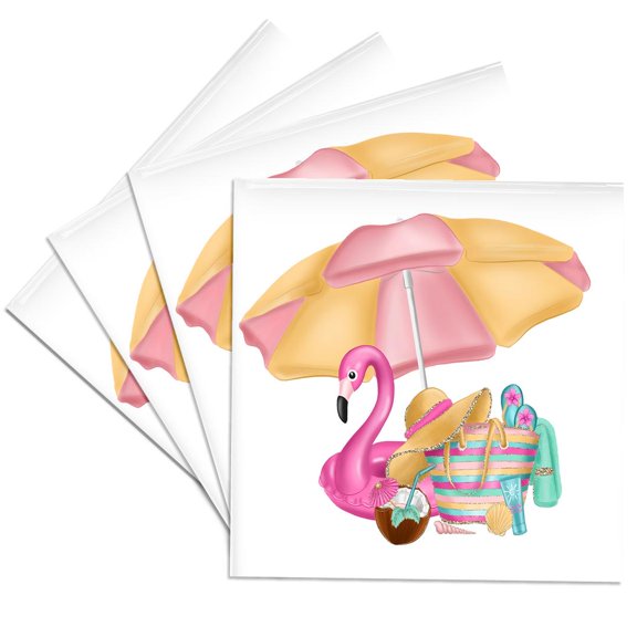 3drose, Cute Pool Umbrella with a Tote and Pink Flamingo Pool Float, Set of 4 Ceramic Tile Coasters