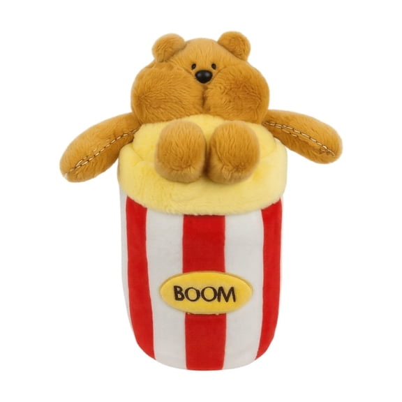 Cute Popcorn Bucket Bear Plush Toy, Soft Fluffy Brown Bear Stuffed Animal in Red-White Striped Popcorn Bucket, Novelty Plushie for Kids & Movie Lovers