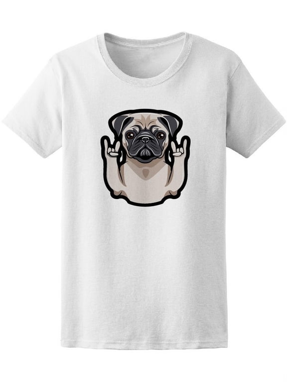 Cute Portrait Pug Dog Rock Hand T-Shirt Women -Image by Shutterstock, Female x-Large