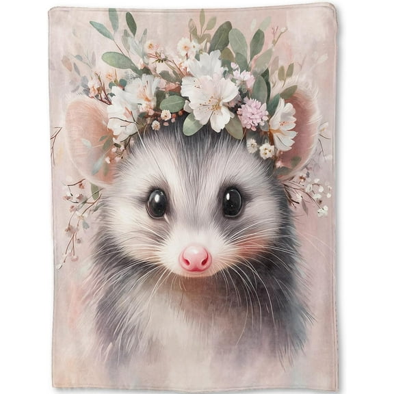 Cute Possum Blanket - Adorable Sweet Opossum Flower Crown Fleece Throw,Gifts for Kids Adult, Soft & Warm,Lightweight, for Modern Decor,Animal Lovers, and Room Home Accents 60x80in