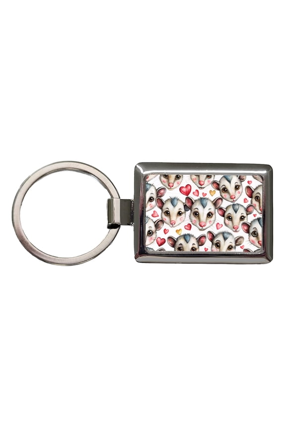 Cute Possum Faces Hearts Watercolor Metal Rectangle Keychain