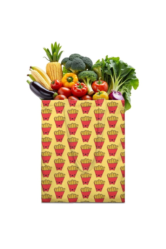 Cute Potato Fries Pattern Reusable Fabric Tote Bag - Spacious Foldable & Machine Washable Eco-Friendly Grocery Bag for Crispy Fries Lovers, Students & Urban Commuters
