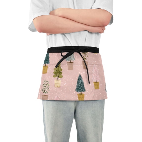 Cute Potted Plants Short Server Apron with 3 Pockets for Unisex Chef Gardening