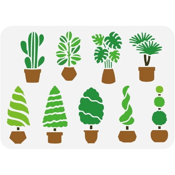 Cute Potted Plants Stencil 8.3x11.7 inch Topiary Trees Painting Stencil Potted Trees Pattern Plastic Stencil Plant Theme Craft Stencil