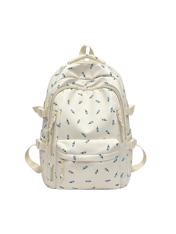 Cute Preppy Floral Printed Nylon Backpack, 8 Compartments Organizer Backpack, Cute Coquette Style School Bag for Teens Ladies Vacation & Back To School