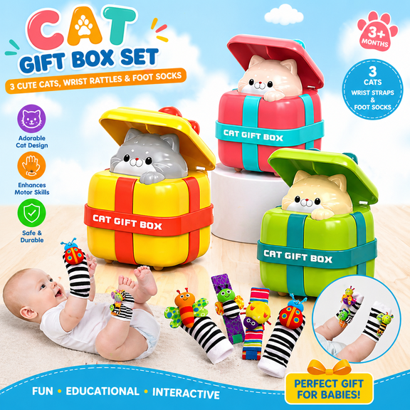 Cute Press & Go Cat Toy Cars Push & Go Action, Durable Plastic Toddler Toy, Indoor & Outdoor Play, Combo Pack of 3 with wrist straps and Foot socks