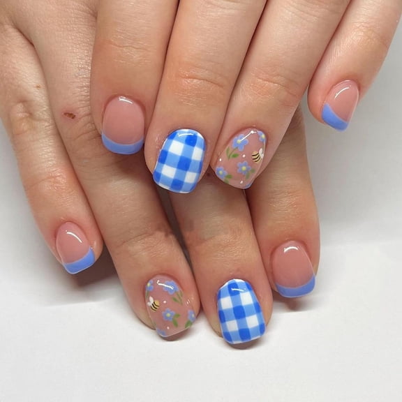 Cute Press On Nails with Bee and Flower Designs - Stick On Nails, Full Cover Blue and White Checkered French Tip Acrylic Nails - Summer Sweet Young False Nails for Women Girls