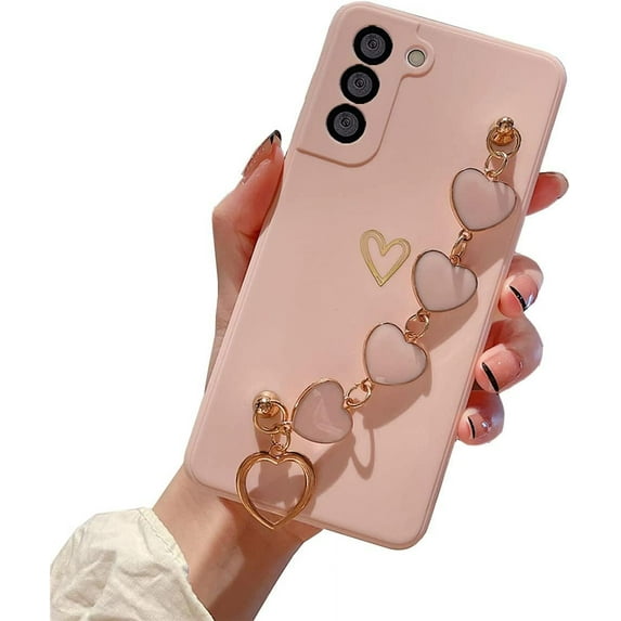Cute Pretty Galaxy S21 Plus Case Cover for Women & Girls with Love-Heart Strap Bracelet Chain Soft Flexible Glossy TPU Bumper Protective Phone Cases for Samsung Galaxy S21 Plus 5G 2021-Pink