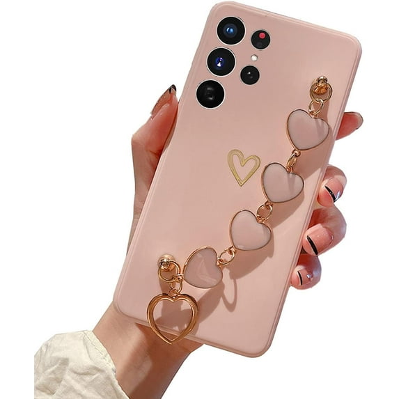 Cute Pretty Galaxy S21 Ultra Case Cover for Women & Girls with Love-Heart Strap Bracelet Chain Soft Flexible Glossy TPU Bumper Protective Phone Cases for Samsung Galaxy S21 Ultra 5G -Pink
