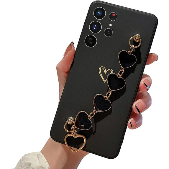 Cute Pretty Galaxy S22 Ultra Case Cover for Women & Girls with Love-Heart Strap Bracelet Chain Soft Flexible TPU Bumper Protective Phone Cases for Samsung Galaxy S22 Ultra 5G 6.8" -Black