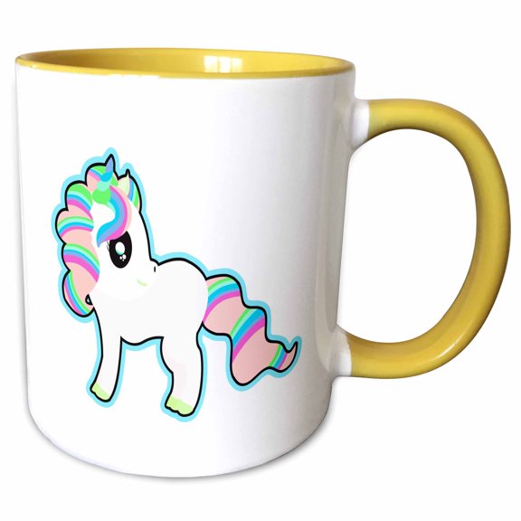 3drose, Cute Pretty Kawaii Rainbow Fantasy Unicorn, 11oz Two-tone Yellow Mug