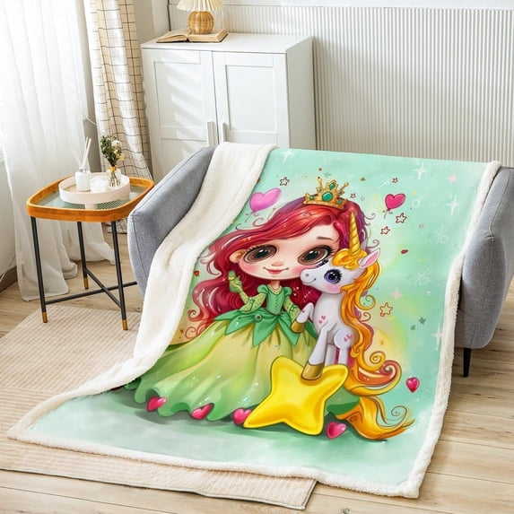 Cute Princess Bed Blanket,Cartoon Unicorn Dreamy Fairy Tale Green Flannel Blanket for Room Decor,Red Heart Balloon Starry Glitter Fleece Blanket for Kids,Super Soft Blanket,Throw 50"x60"