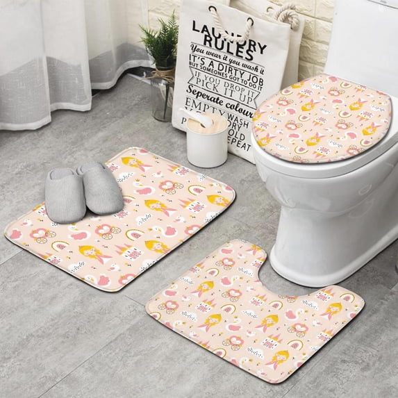 Cute Princess Castle Pattern Bathroom Rugs Sets 3 Piece,Toilet Cover Set,Absorbent Non Slip Bathroom Mats Sets with U-Shaped Contour Rug Toilet Rug Set