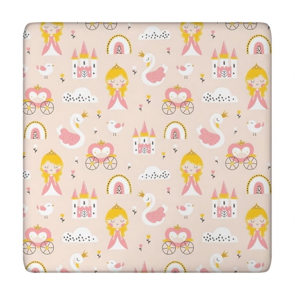 Cute Princess Castle Pattern Square Fitted Tablecloth with Elastic Edge,Square Table Cover,Washable Elastic Table Cover for Home Kitchen Party Decor 34"x34"