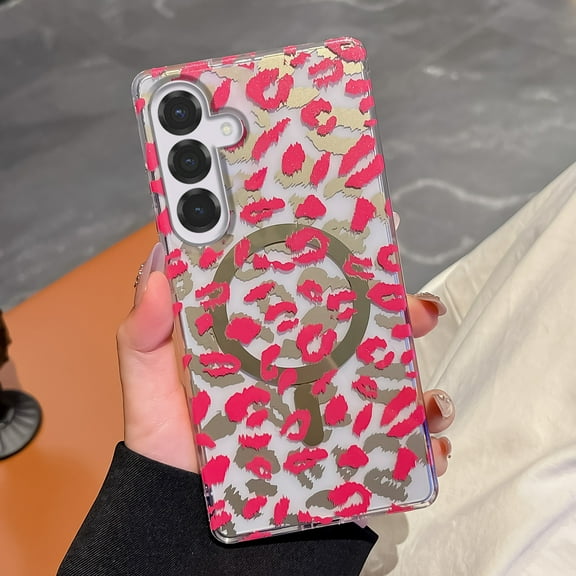 Cute Print Phone Case for Samsung Galaxy S25, Compatible with MagSafe, Cute Leopard Pattern Design Magnetic Case for Women Girls Soft TPU Hard PC Back Shockproof Protective Clear Case,Rose