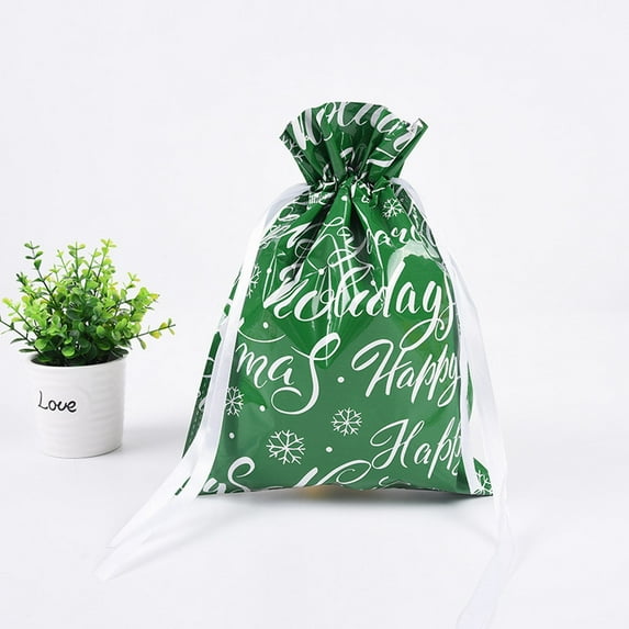 Cute Printed Christmas Gift Bag Santa Snowflake Christmas Tree Drawstring Gift Bag Christmas Aluminum Foil Bag Christmas Gift Bag/ Christmas Aluminum Foil Bag Christmas Gift Bag Green English 24*32