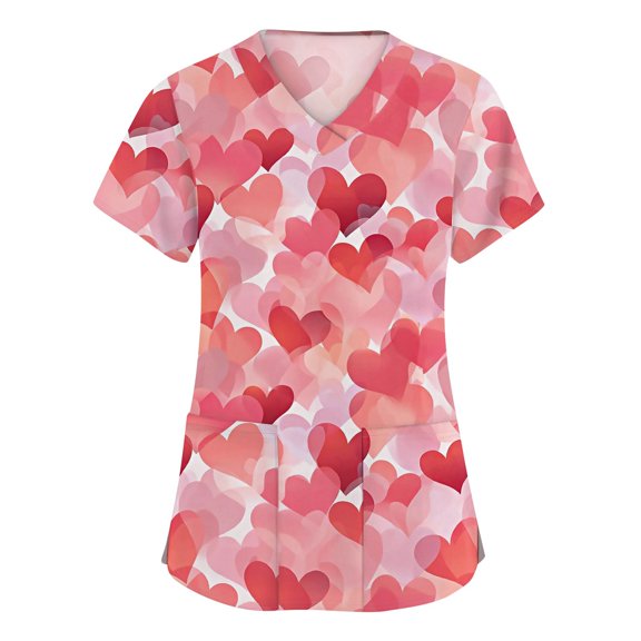 Cute Printed Scrub Tops for Women - Valentine's Day Heart Pattern Short Sleeve V-Neck Uniform, Comfortable Nurse Work Shirt with Pockets Watermelon Red 5XL