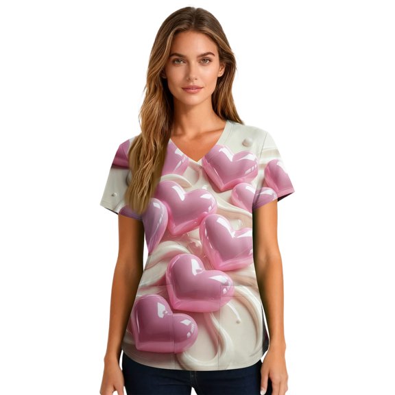 Cute Printed Scrub Tops Women's Short Sleeve V-Neck - Valentine's Love Heart Pattern Nursing & Caregiver Uniform with Pockets, Loose Fit Holiday & Everyday Top Beige L