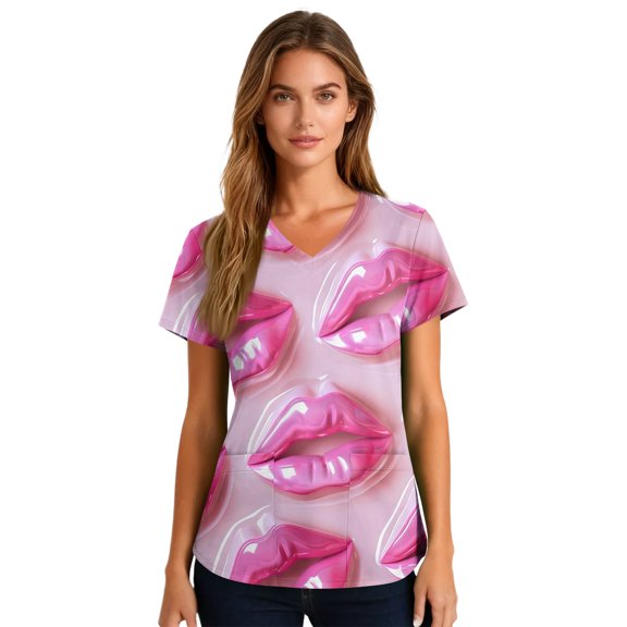 Cute Printed Scrub Tops Women's Short Sleeve V-Neck - Valentine's Love Heart Pattern Nursing & Caregiver Uniform with Pockets, Loose Fit Holiday & Everyday Top Hot Pink XL