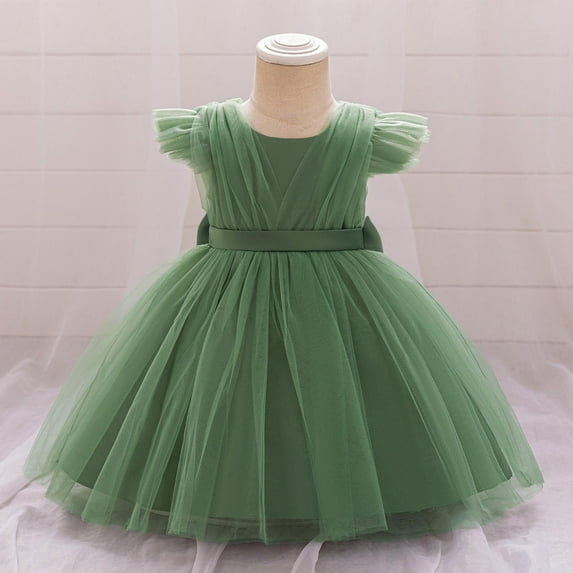 Cute Prom Dresses for Toddler Girls 6M-3Y Kids Flying Sleeve Bowknot High Waisted A-Line Solid Wedding Guest Tulle-Tutu Dress