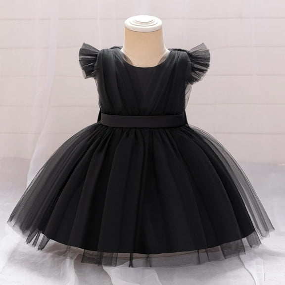 Cute Prom Dresses for Toddler Girls 6M-3Y Kids Flying Sleeve Bowknot High Waisted A-Line Solid Wedding Guest Tulle-Tutu Dress
