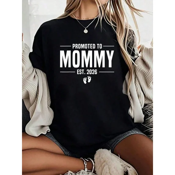 Cute Promoted To Mommy Est 2026 Graphic Tee - Retro Pregnancy Announcement T-Shirt - Trendy Expecting Mother Gift - Comfortable New Mom Apparel