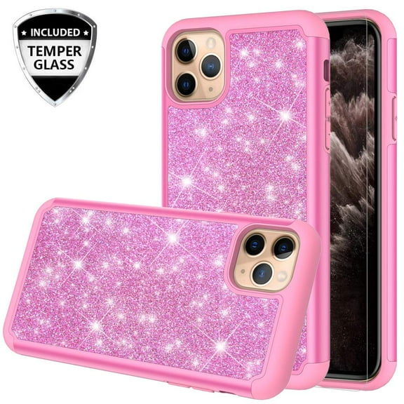 Cute Protective Phone Cover Case For Apple iPhone 11 Pro Case with [Tempered Glass Screen Protector] Girls Women Dual Layer Heavy Duty - Glitter Hot Pink