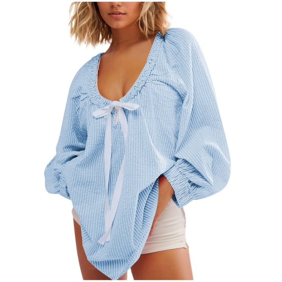 Cute Puff Long Sleeve Shirts for Women Trendy Crew Neck Striped Blouses Fashion Fall Casual Loose Fit Tshirts Ladies Going Out Tops