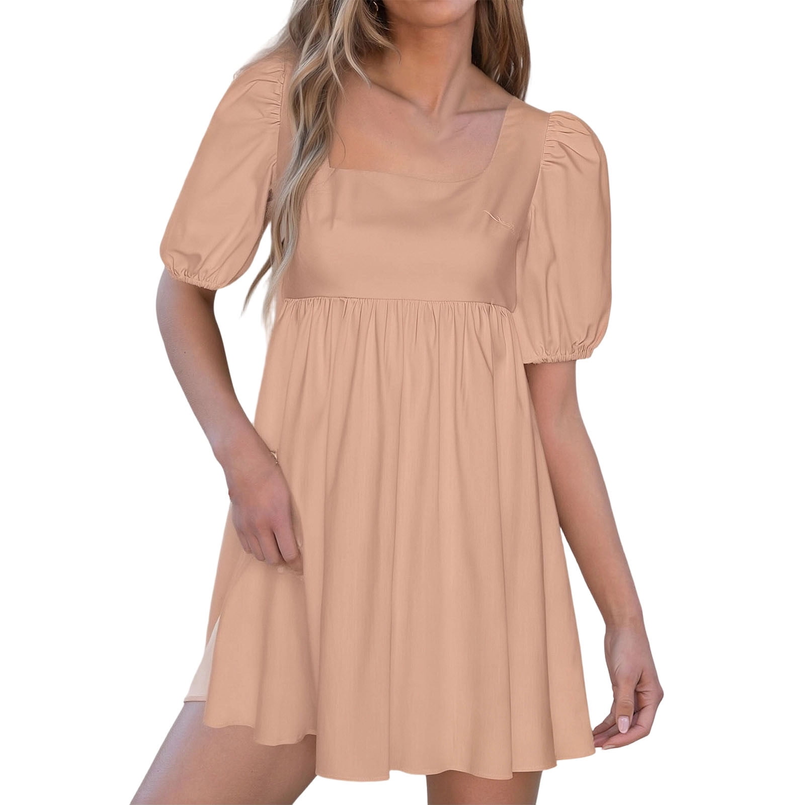 cute summer babydoll dresses Puff Sleeve Mini Dress for Women Loose Square Neck Swing Cocktail Party Size:Pre-order to RENT Color_Russet Brown baby doll night dress Sunday Tennis Club Dress 55 Bust