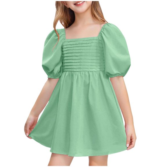 Cute Puff Sleeve Dress for Girls Summer Casual Pleated Dresses Square Neck Smocked Back Party Spring Travel Outfit, Green, 3 Years