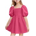 thumbnail image 1 of Cute Puff Sleeve Dress for Girls Summer Casual Pleated Dresses Square Neck Smocked Back Party Spring Travel Outfit, Hot Pink, 11 Years, 1 of 7