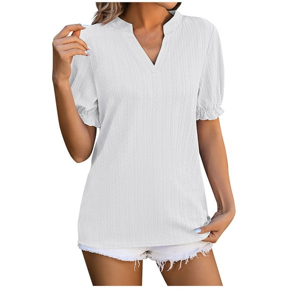 Cute Puff Sleeve Tops for Women V Neck Slim Fit Solid Cute Summer 2025 Trendy T-Shirts Pullovers Tees Ladies Blouses White,XL