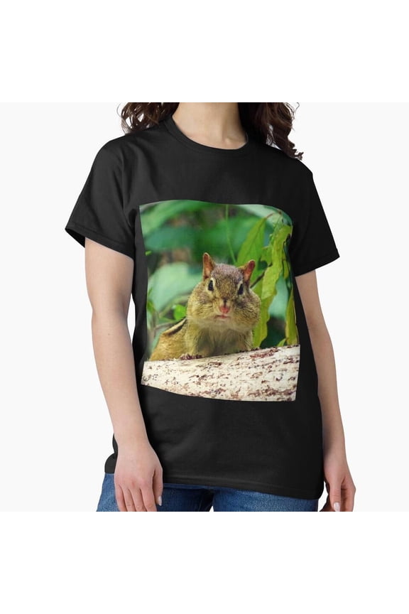 Cute Puffed Cheeks Chipmunk on Log Wildlife Photography T-Shirt H2652, for Unisex, Up to Size 5XL