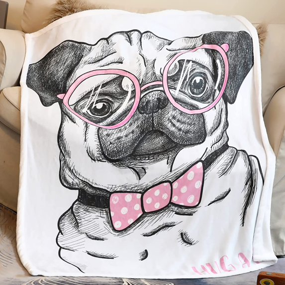 Cute Pug Blanket Kids Throw Blankets with Glasses Pug Gifts for Boys Girls Adults Pug Lovers Soft Fluffy Flannel Fleece Blanket for Bed Couch(Cute Pug, 48"x60")