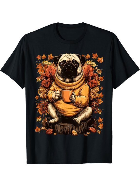 Cute Pug with Coffee and Fall Leaves Autumn Aesthetic Dog T-Shirt - Classic fall vibes shirt Unisex 100% Cotton T-Shirt Breathable Casual Everyday Wear Affordable Graphic Soft Cheap t shirts