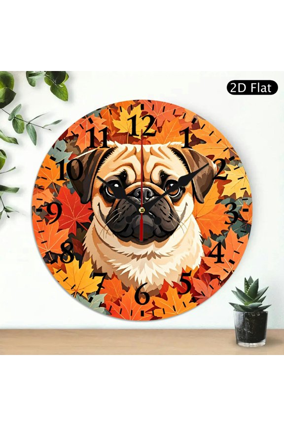 Cute Pug Dog Digital Illustration Round Wall Clock, Autumn Leaves Pattern Decorative Clock for Home Decor, 10x10 Inch, 1pc, Battery Not Included