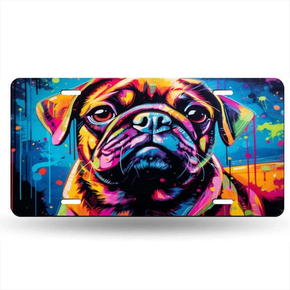 Cute Pug Dog In The Style Of Graffiti Art Decorative Signboard, Decorative Metal Plate with 4 Holes, 6x12inch Artistic Plate Frame