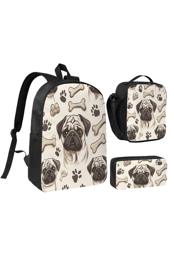 Cute Pug Dog Printed Backpack 17 Inch Set with Lunch Bag and CaseDurableTravel Bag Combo for Work Commuting Daily Use