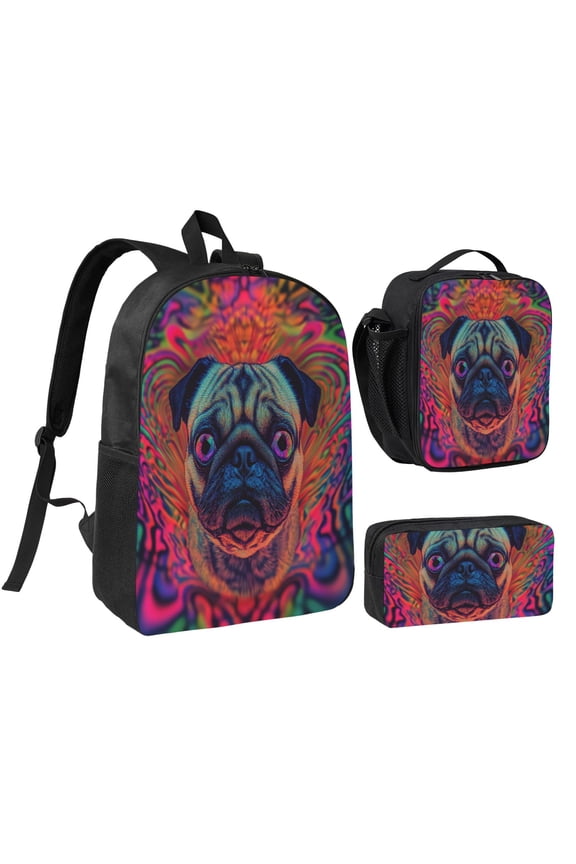 Cute Pug Dog Printed Backpack 17 Inch Set with Lunch Bag and CaseDurableTravel Bag Combo for Work Commuting Daily Use